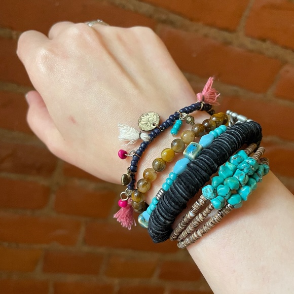 Boho Chunky Bead Stackable Bracelet Bundle Free Necklace Brown Turquoise Navy - Picture 1 of 5